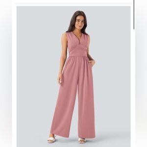 SculptKnit V Neck Sleeveless Ruched Pocket Jumpsuit-Easy Peezy